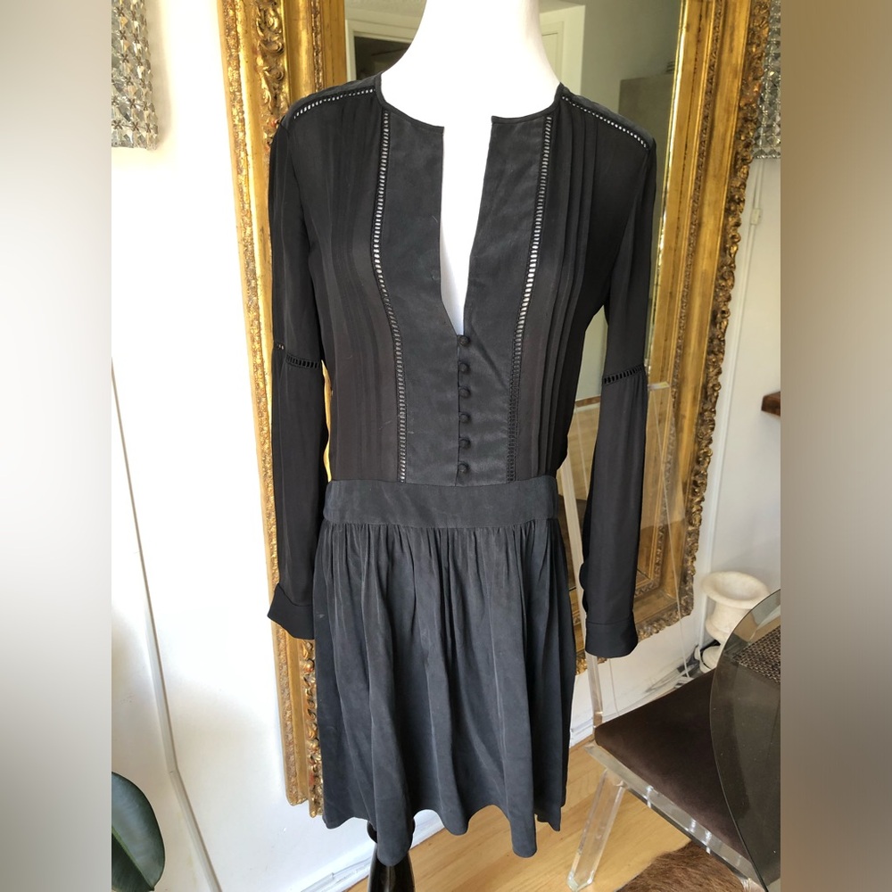 L’agence Elegant Black Long-Sleeve silk midi Dress size small